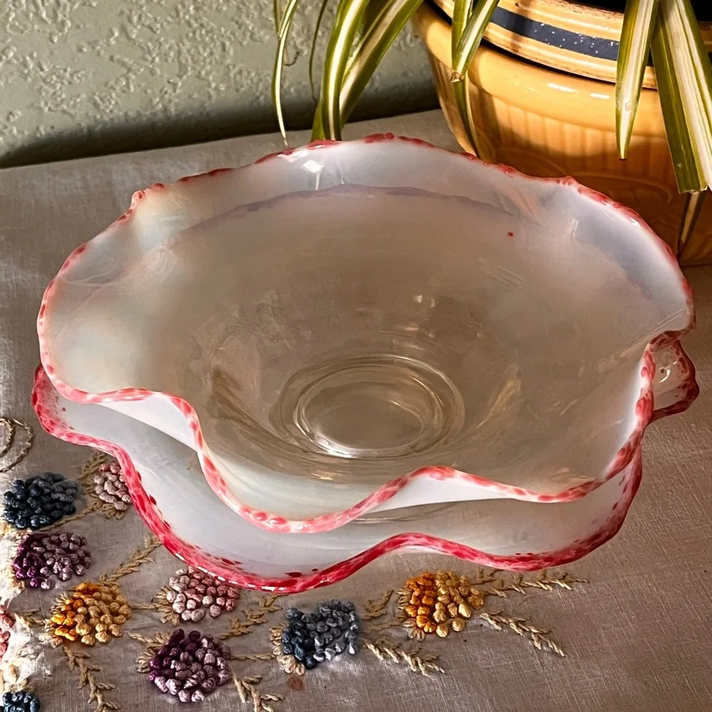 Pair Antique Cranberry Frit Moonstone Paneled Bowl Jefferson Glass Fancy Fantail
